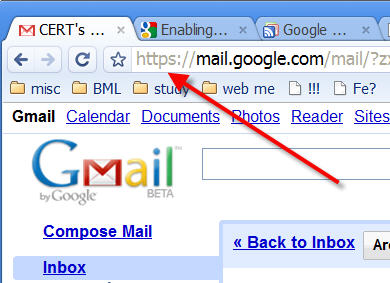 A Screenshot of a Gmail page with an arrow pointing at the https at the begining of the address