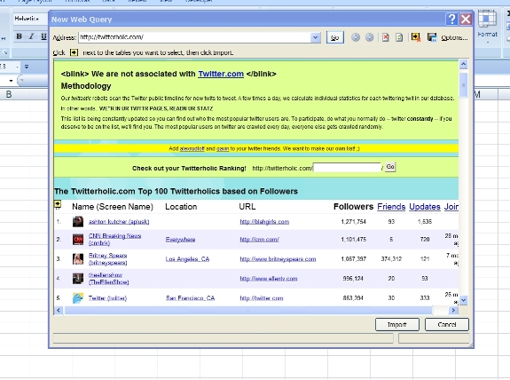 New Web Query window