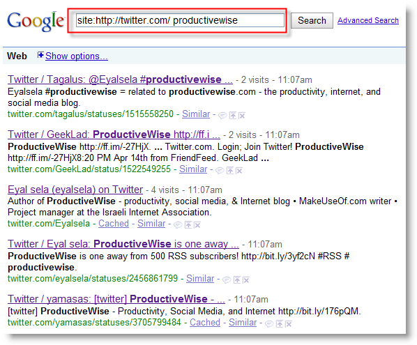 Search results from google when this query is used: site:http://twitter.com/ productivewise  