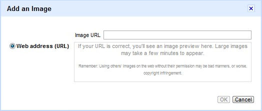 Gmail's dialog box for adding image to the signature. Only Web address filed is available.